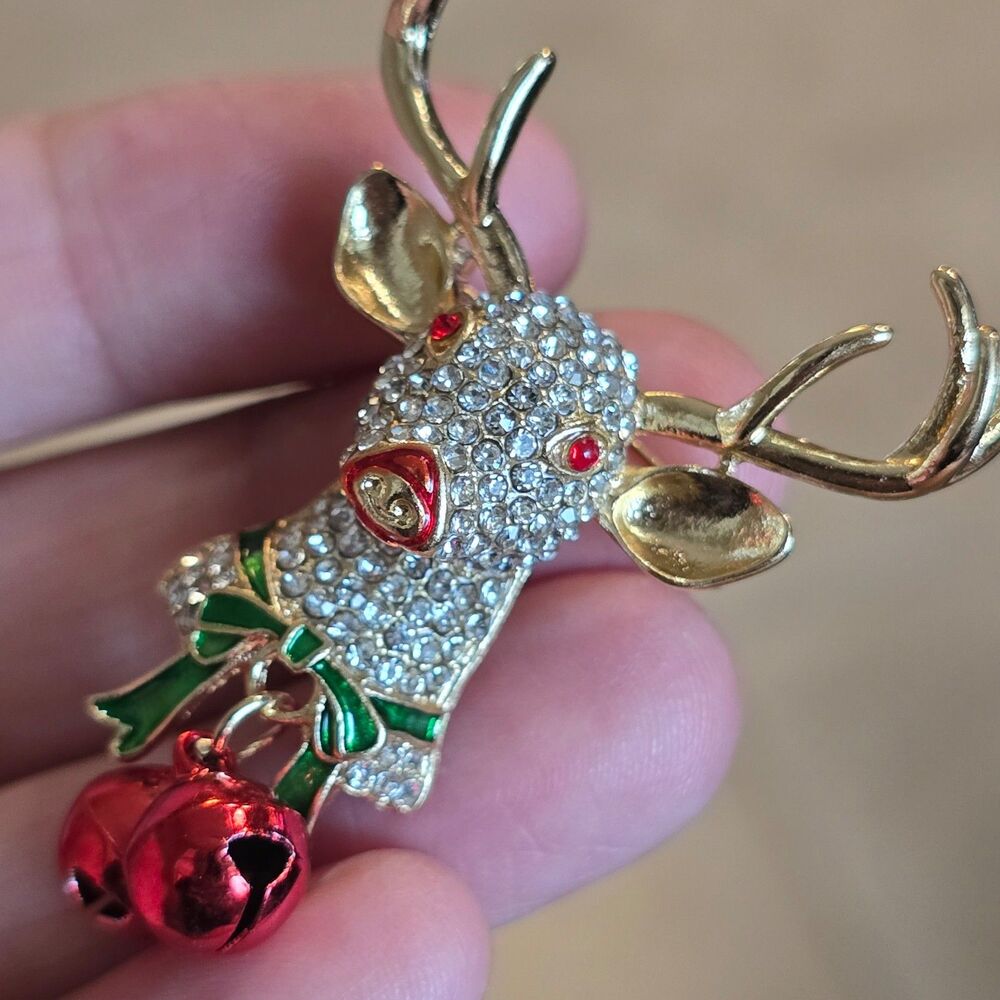 Reindeer Brooch Rhinestone embellished with bells charm pin Christmas